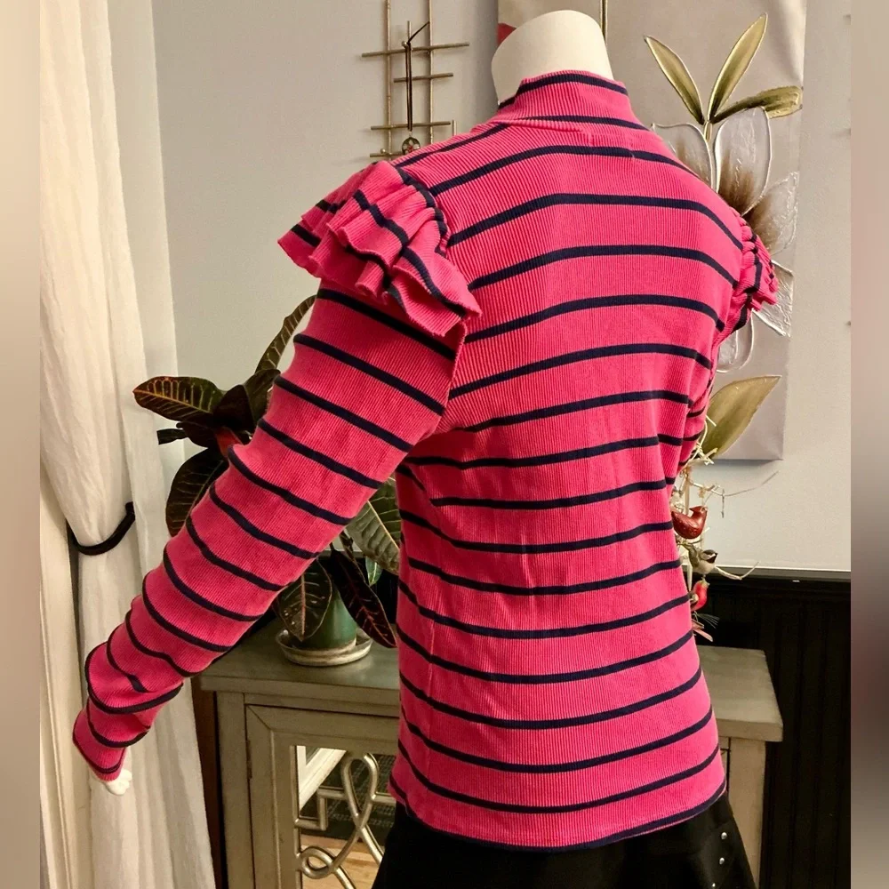 T.La Anthropologie Vibrant Pink Navy Stripe Ruffle Turtleneck Pullover Woman XL - Picture 10 of 11